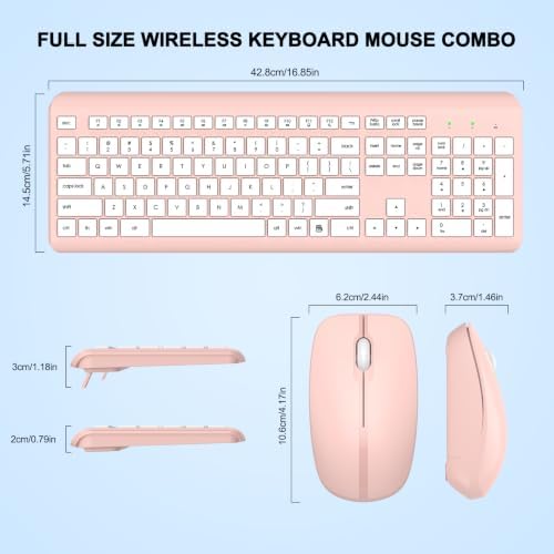 Wireless Keyboard and Mouse Combo, Full-Size Silent Ergonomic Keyboard and Optical Mouse, Long Battery Life, 2.4G Lag-Free Mice Keyboard for Computer, Mac, Laptop, PC, Windows(White Pink)