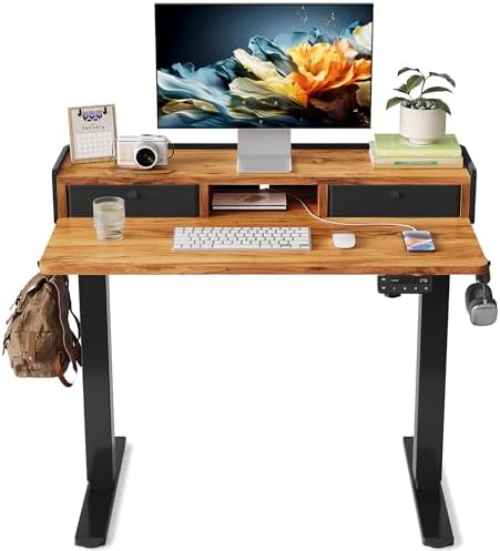 YIHAYO Electric Standing Desk with Drawers, 40 x 24 Inches Adjustable Desk with Storage Shelf, Stand Up Desk with Splice Board, Computer Table for Home Office, Black Frame/Rustic Brown Top
