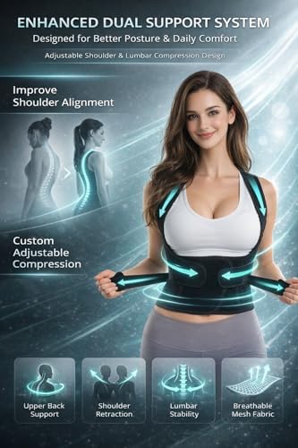 Posture Corrector for Men and Women – Dual-Zone Elastic Design with Adjustable Straps, Helps Improve Posture and Relieve Back Discomfort, Comfortable for Office Wear (Black, Medium)