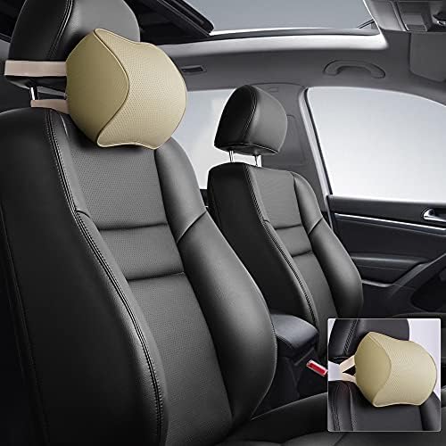 Aukee Car Neck Pillow Soft Memory Foam Leather Headrest for Driving Home Office Beige (Pack of 2)