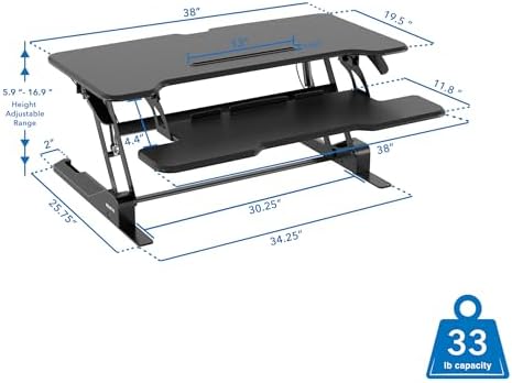 Mount-It! 38 Inch Standing Desk Converter - Gas Spring Sit Stand Desk Riser for Dual Monitors - Height Adjustable Desktop Workstation with Keyboard Tray - Black