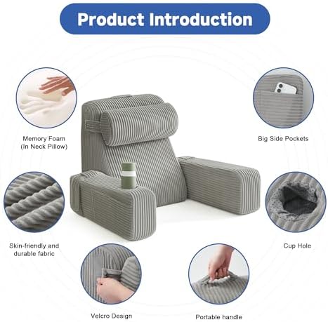 Reading Pillow for Bed, Back Pillow for Bed Sitting Up, Bed Pillows for Sitting Up with Adjustable Armrests, Cup Holder & Large Pocket, Backrest Cushion for Reading, Watching TV (Grey, 4PCS)