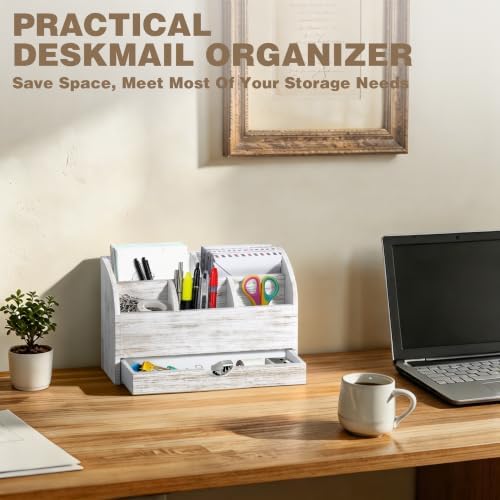 Wood Mail Organizer with Drawer & Pen Holder, White Mail Holder with 5 Detachable Compartments, Desk Organizer for Bill Envelope Storage, for Office Entryway Kitchen Countertop