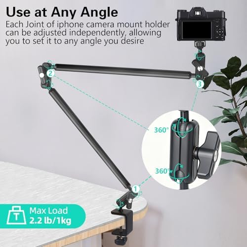 Desktop Clamp Magic Arm 33.84" Kit for Phone,DSRL Two-Stage Adjustable Flexible Arm, Overhead Camera Mount, Desk Phone Mount for Webcam, Action Camera, Mic,Video Light