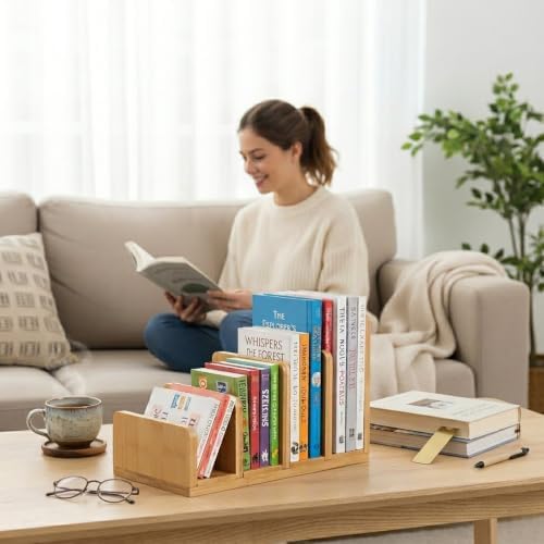 Natural Bamboo Cookbook Organizer Stand, 4 Slots Vertical Book Rack for Kitchen Countertop,Sturdy Recipe Book Holder & Binder Organizer,Easy to Assemble Cookbook Storage for Desk,Living Room