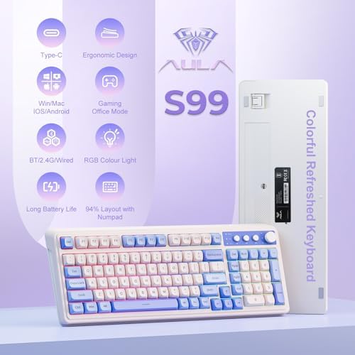 AULA 99 Key Purple Keyboard, Wireless Gaming Keyboard with Number Pad