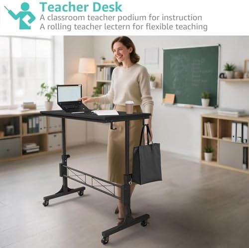 WINAZ Small Portable Rolling Standing Desk - 32 Inch Adjustable Height Mobile Teacher Podium on Wheels for Classroom, Stand Up Desks for Treadmill Walking Pad, Couch Sofa Side Laptop Table, Black
