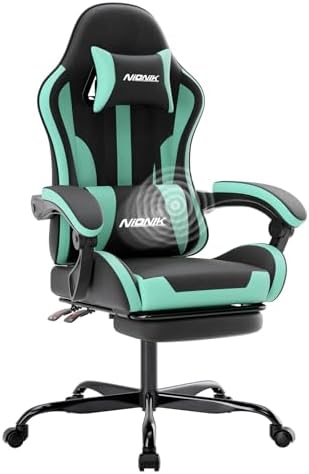 Gaming Chair, Ergonomic Computer Chair with Footrest and Lumbar Support, Height Adjustable Game Chair with 360°-Swivel Seat and Headrest and for Office or Gaming BLACKMINTGREEN