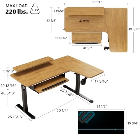 EUREKA ERGONOMIC L Shaped Standing Desk w Solid Wood Tabletop,61" Electric Corner Computer Desk, Adjustable Height Desk w Keyboard Tray,Dual Motor,LED Monitor Stand,Right/Oak