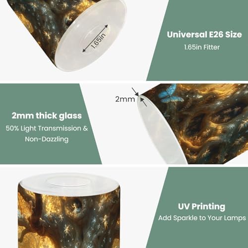 3 Pack Cylinder Glass Lamp Shade Ancient Oak Mystical Runes Arthur Rackham Style Covers with 1-5/8" Fitter Opening Light Fixture Replacement for Table Lamp Bathroom Vanity Light