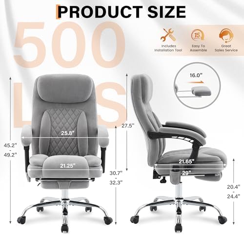 500LBS Massage Office Chair, Reclining 6 Points Vibration and Heat Desk Chair with Foot Rest, Ergonomic Executive Office Chairs, Comfy Wider & Thicker Seat, Big and Tall Gaming Chair, Fabric Grey
