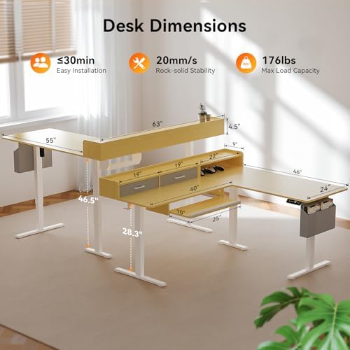 WALKINGDESK 63 Inches L Shaped Standing Desk with Keyboard Tray and 2 Drawers, L Shaped Electric Standing Desk, Adjustable L Shaped Office Desk,Corner Standing Desk for Home Office, Oak