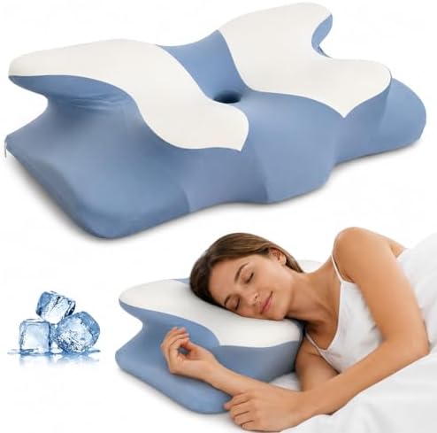 Ergonomic Cervical Memory Foam Pillow for Neck and Shoulder Support, Contour Butterfly Bed Pillow with Breathable Cover, Neck Support Pillow for Side Back and Stomach Sleepers (Blue)