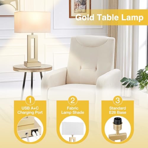 Gold Table Lamps Set of 2, 16.4" Bedside Lamps for Nightstand with USB C+A