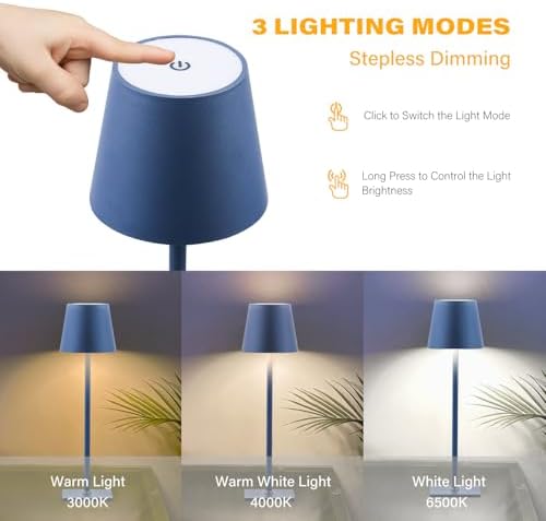 CHLORANTHUS 2 Pack Cordless Table Lamps, 3 Colors Stepless Dimming, 5000mAh Rechargeable Battery LED Desk Lamp for Bedroom/Couple Dinner/Desk/Cafe/Dining Room/Terrace