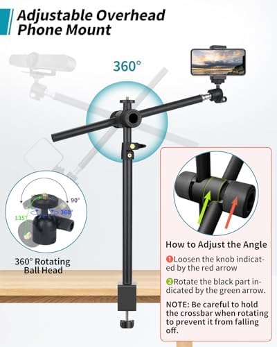Overhead Camera Mount Desk Stand, Camera Arm Desk Mount Clamp Stand with 360°Adjustable Magic Arm, Webcam Arm Mount Stand w Ballhead Phone Mount for Desk Logitech Microphone Video Light Cell Phone