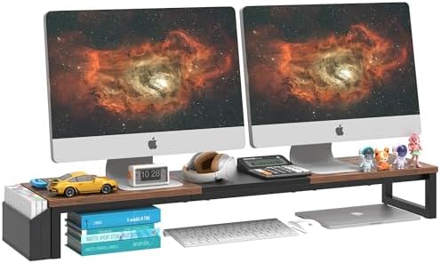 LAND·VOI Dual Monitor Stand Riser,41.5'' Long Monitor Stand for 2 Monitors, Wood Computer Riser with Pocket, Desktop Oraganizer with Pen Holder, Monitor Riser for Desk Computer,Laptop,TV, Rustic Brown