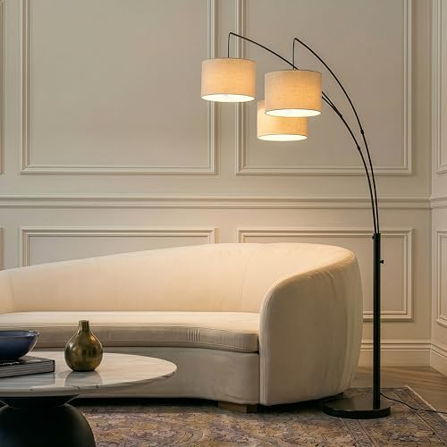 Brightech Trilage Arc Floor Lamp - Large Standing Lamp with 3 Fabric Shades & LED Bulbs for Living Room Over the Sofa, Reading, Multi-Head Traditional Tree Floor Lamp for Bedroom - Black
