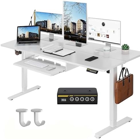 55 x 24 Inch Electric Standing Desk with Keyboard Tray, White