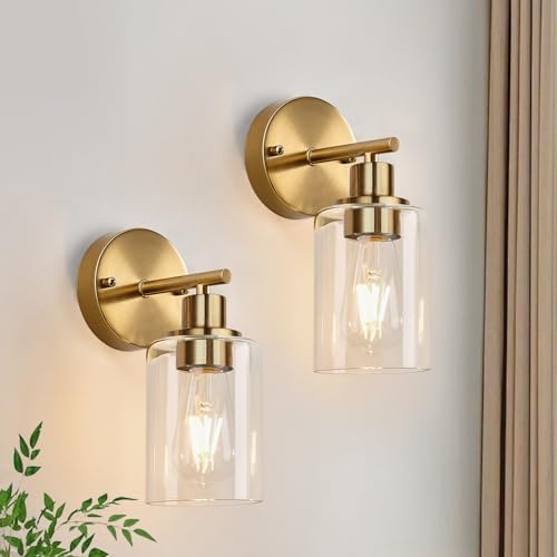 Zarbitta Set of 2 Wall Sconces for Bathroom, Brushed Gold Modern Vanity Lights with Clear Glass Shade,Bathroom Wall Lamp for Mirror Kitchen Living Room Hallway Cabinet Porch