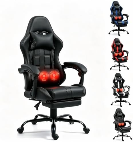 Gaming Chair with Ergonomic Footrest & Massage Lumbar Support, Black