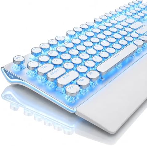 RK ROYAL KLUDGE S108 Typewriter Mechanical Keyboard, Retro Wired Gaming Keyboard with Number Pad and Detachable Wrist Rest, 108 Keys Full Size PC Game Keyboards, Clicky Blue Switch, Blue Backlit White