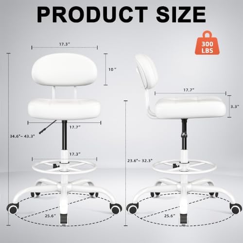 Armless Drafting Chair with Back, Tall Office Chair for Standing Desk, PU Faux Leather,Footrest Ring,Adjustable Height,360°Wheels for Bar Home Office