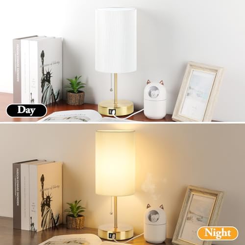 Lakumu 2 Sets Table Lamps with 2 USB, Minimalist Beside Lamps for Bedroom, Nightstand Lamp with Pull Chain, Desk Lamps with White Pleated Shade and Gold Metal Base for Living Room Dorm Reading Hotel