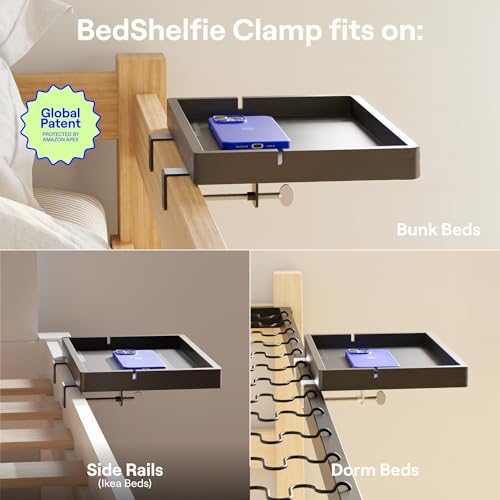 BedShelfie Wood Bedside Shelf for Bunk Bed & Top Bunk, College Dorm Room Essentials, Loft Nightstand, Floating Bed Side Table Tray Storage, Dorm Room Decor By Smallish - (DormEssential Wood, Black)