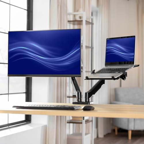 VIVO Universal Adjustable Monitor and Laptop Desk Mount, 17 to 32 inch Monitors, 10 to 15.6 inch Laptops, Dual Mechanical Arm VESA Notebook Stand with C-clamp and Grommet Options, Black, STAND-V002O-L