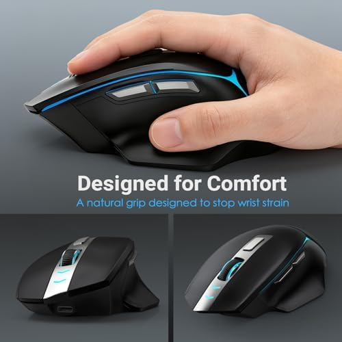 JOYACCESS Wireless Bluetooth Mouse, Rechargeable Wireless Mouse with LED, Three Mode Bluetooth, 2.4G & Wired, Silent, Wireless Ergonomic Mouse for Laptop, PC, MacBook, iPad, Tablet (Black)