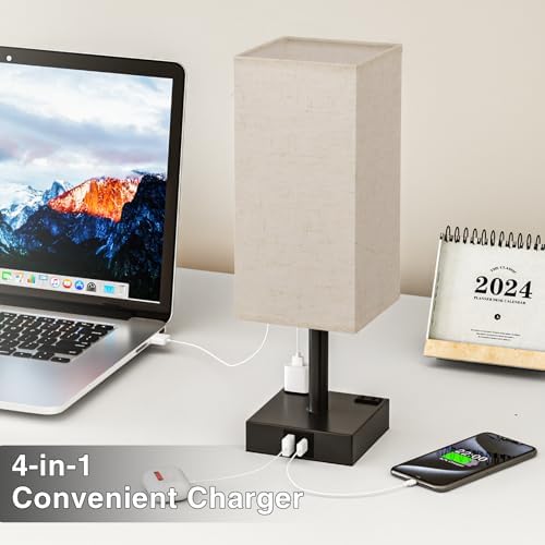 Beige Touch Table Lamp for Bedroom - Dimmable, USB C+A, 2 AC Outlets