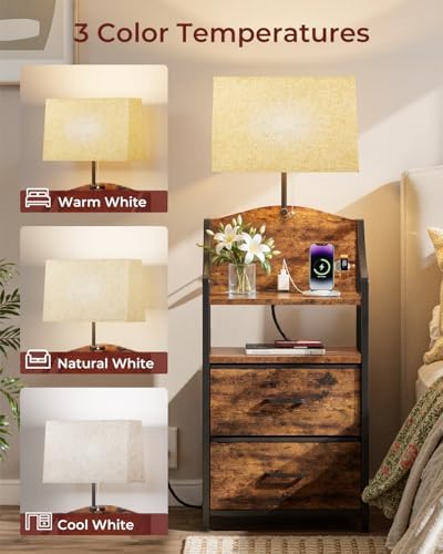 Evermagin 45" Tall Nightstand with Charging Station & Light, Rustic Brown