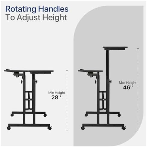 Height Adjustable Rolling Laptop Stand Table, 28-46 in for Young and Adults, Tiltable Keyboard Tray and Locking Casters for Home and Office