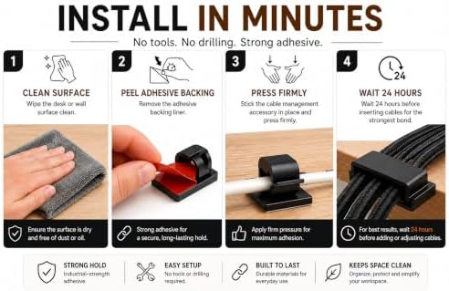 Cable Management Kit with Under Desk Raceway & 4 Long Cable Sleeves, Desk Cord Organizer with Cable Clips, Reusable Cable Ties & Cord Holders, Black