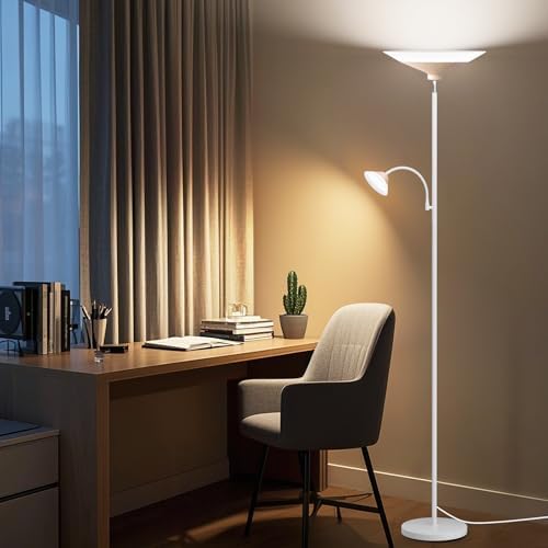 SIBRILLE Torchiere Floor Lamp with Wood Grain Shade, 72" Dimmable LED Standing Lamp with Remote, 2-in-1 Floor Reading Lamp with Color Changing, 34W White Corner Lamp for Living Room Bedroom Office