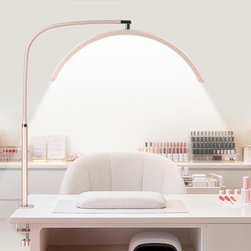 Professional Half Moon LED Desk Light for Nail Techs & Artists – Flexible Gooseneck Lamp with Clamp, 3 Color Modes & 5 Brightness Levels for Manicure, Tattoo, Beauty Work