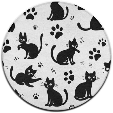 Large Home Decor Mat, Soft Round Yoga Carpet, Non Slip Machine Washable Home Office Circle Rug Black Cat Paw Print