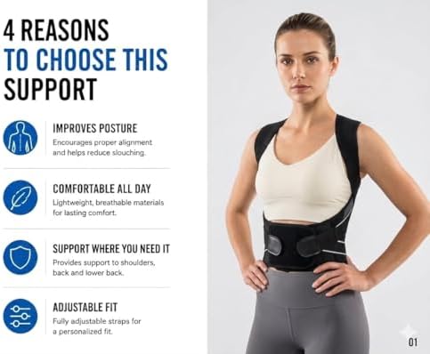 Posture Corrector Back Brace for Men & Women, Adjustable Shoulder Straps, Spine Support and Lower Back Stabilizer for Posture Correction