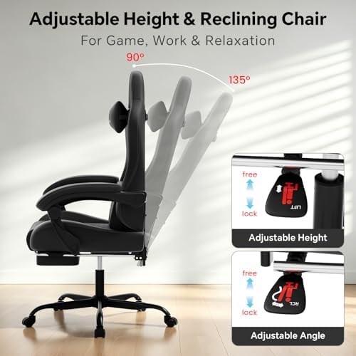 Gaming Chair, Computer Office Chair with Footrest, Adjustable Height & Backrest Gaming Chairs with Swivel for Adults, High Back PU Leather Ergonomic Chair with Lumbar Support, Black