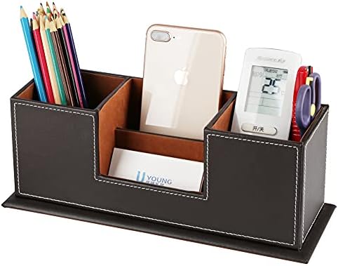 KINGFOM™ Double Holder Wood Leather Multi-Function Desk Stationery Organizer Dark Brown