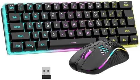RedThunder 60% Wireless Gaming Keyboard and Mouse Combo, 2500mAh Rechargeable Battery, Ultra-Compact Small RGB Mechanical Feel Keyboard, Lightweight Honeycomb Optical Mouse for Gaming/Business, Black