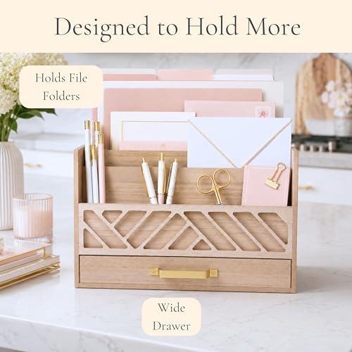BLU MONACO | Wooden Mail Organizer with Drawer and Gold Handle | Outgoing Mail Holder and Letter Sorter for Desk | Natural Wood Desktop Paper Organizer