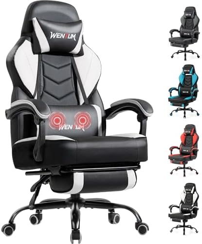 Massage Gaming Chair, Big & Tall with Lumbar Support & Footrest, White