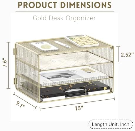 DALTACK 3 Tier Letter Tray Paper Organizer with Sliding Mesh Trays Yellow
