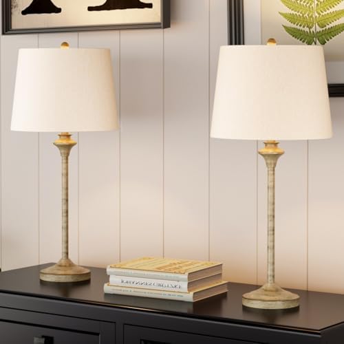 Maxax Farmhouse Buffet Table Lamps Set of 2 for Living Room, 26" Brown Bedside Nightstand Lamps with Oatmeal Fabric Shade Metal Base Decor for Bedroom, Living Room, Office, Kids Room