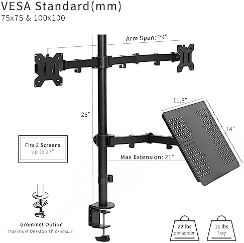 VIVO Laptop and Dual 13 to 27 inch LCD Monitor Stand up Desk Mount, Tall Adjustable Stand, Fits Laptops up to 17 inches, Black, STAND-V012J