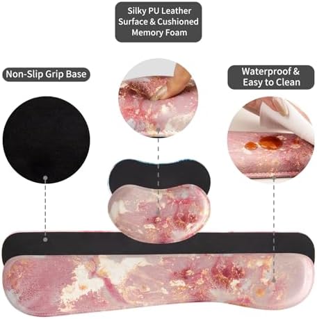 QiyI PU Leather Desk Mat Set, 4-in-1 Ergonomic Wrist Rest, Pink Marble