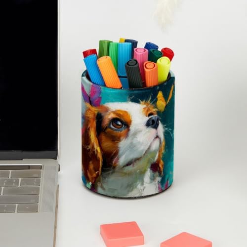 Leather Pen Holder for Desk, Beagle Butterfly Pencil Cup Pen Organizer Makeup Brush Holder for Office Home Kids Countertop Desk Accessory Storage