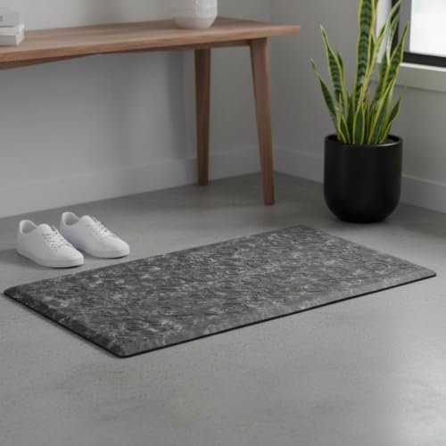 J&V TEXTILES Medallion Embossed Cushioned Anti-Fatigue Kitchen Floor Mat - Thick Non-Slip Waterproof Heavy Duty Foam Standing Rug (Charcoal Gray, 17" X 60")